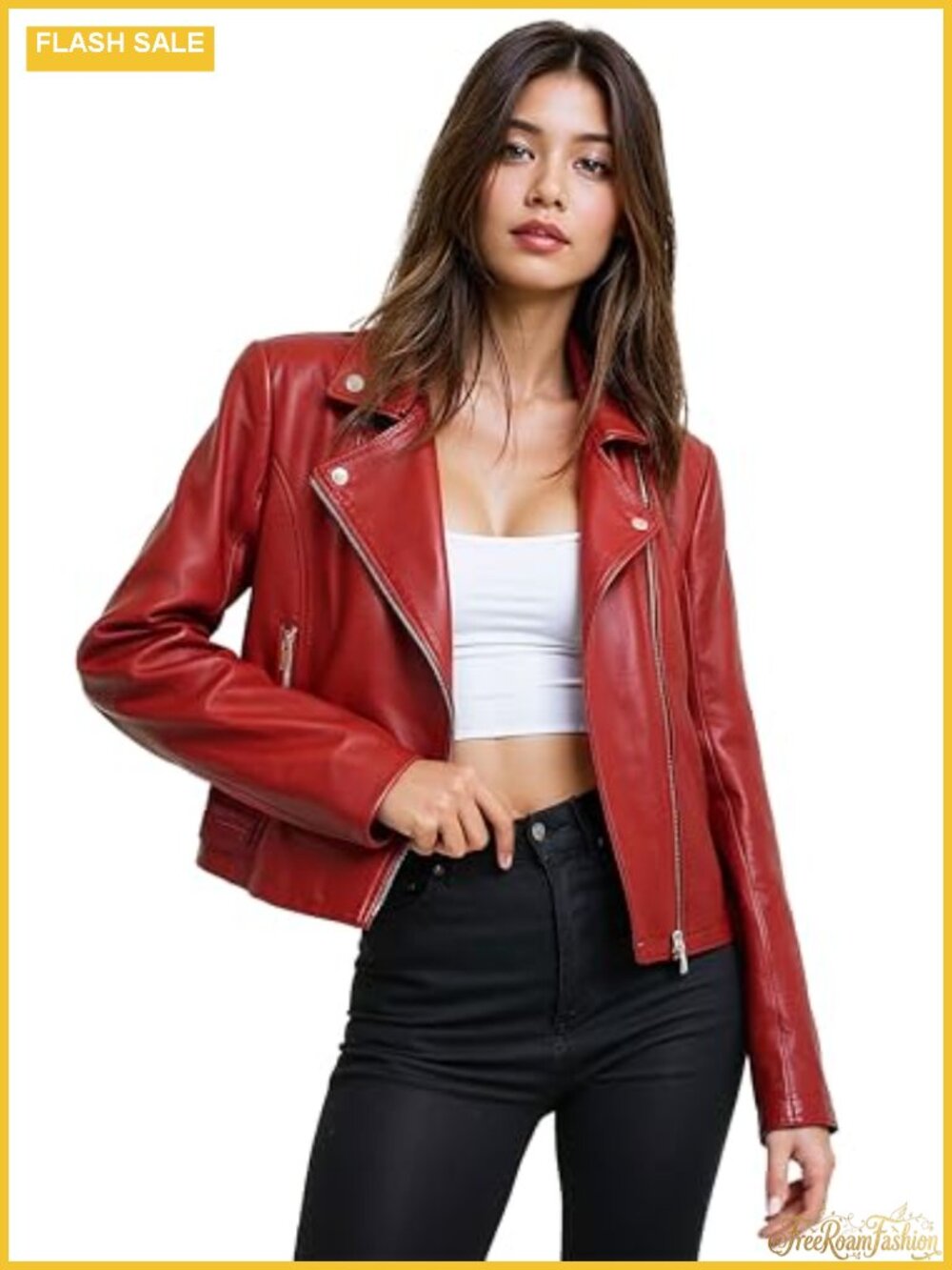 Faux Leather Moto Biker Jacket Zip-Up Fitted Slim Cut Women's